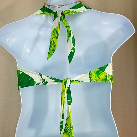 Top bikini halter crop Palm Leaf print tie white - Picture 3 of 4